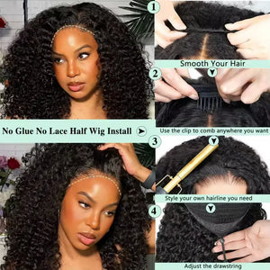 Wear and Go Burmese Curly Human Hair Wig 3 IN 1 Half Wigs With Drawstring Clip Ins Flip Over Glueless Deep Curly Half Head Wigs