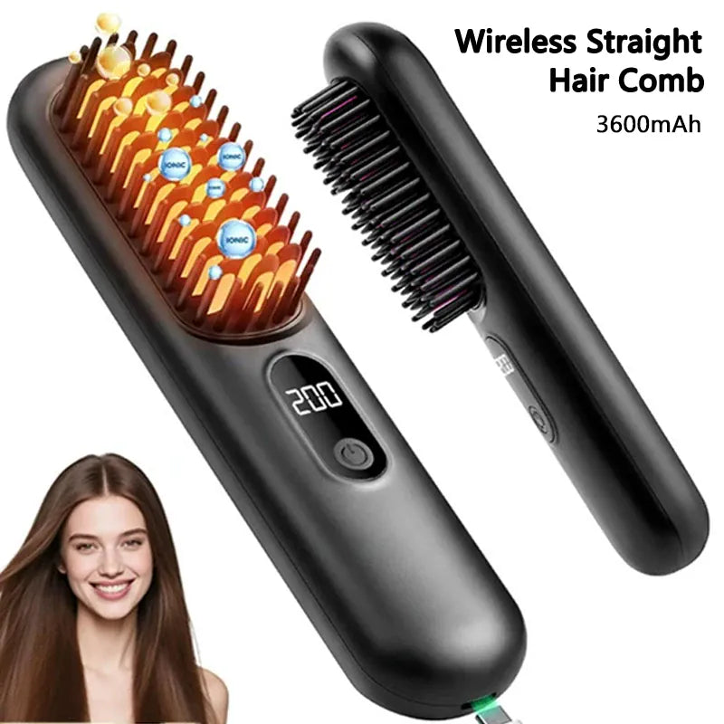 Wireless Straightening Brush Negative Ion Hair Straightener Portable Comb Dual Use Straight/Curly Hair USB Charging 3600mAh 36W