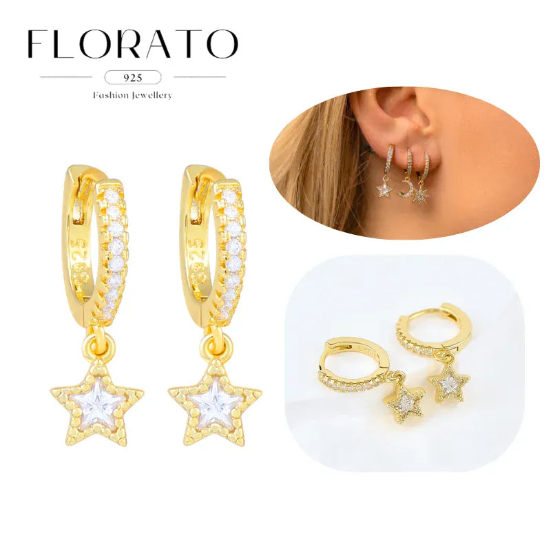 WOMEN 925 Silver Needle Water Drop Geometric Zircon White Zircon Crystal Flowers Pendant Hoop Earrings Fashion Wedding Jewelry