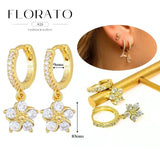 WOMEN 925 Silver Needle Water Drop Geometric Zircon White Zircon Crystal Flowers Pendant Hoop Earrings Fashion Wedding Jewelry