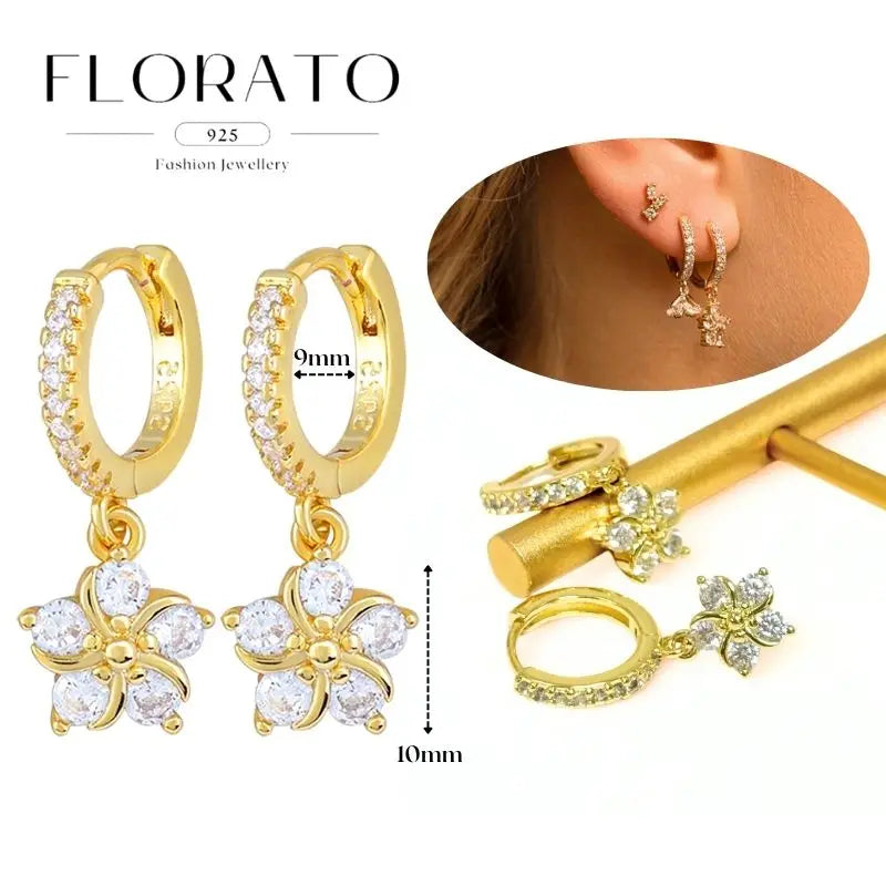 WOMEN 925 Silver Needle Water Drop Geometric Zircon White Zircon Crystal Flowers Pendant Hoop Earrings Fashion Wedding Jewelry
