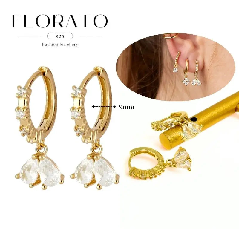 WOMEN 925 Silver Needle Water Drop Geometric Zircon White Zircon Crystal Flowers Pendant Hoop Earrings Fashion Wedding Jewelry