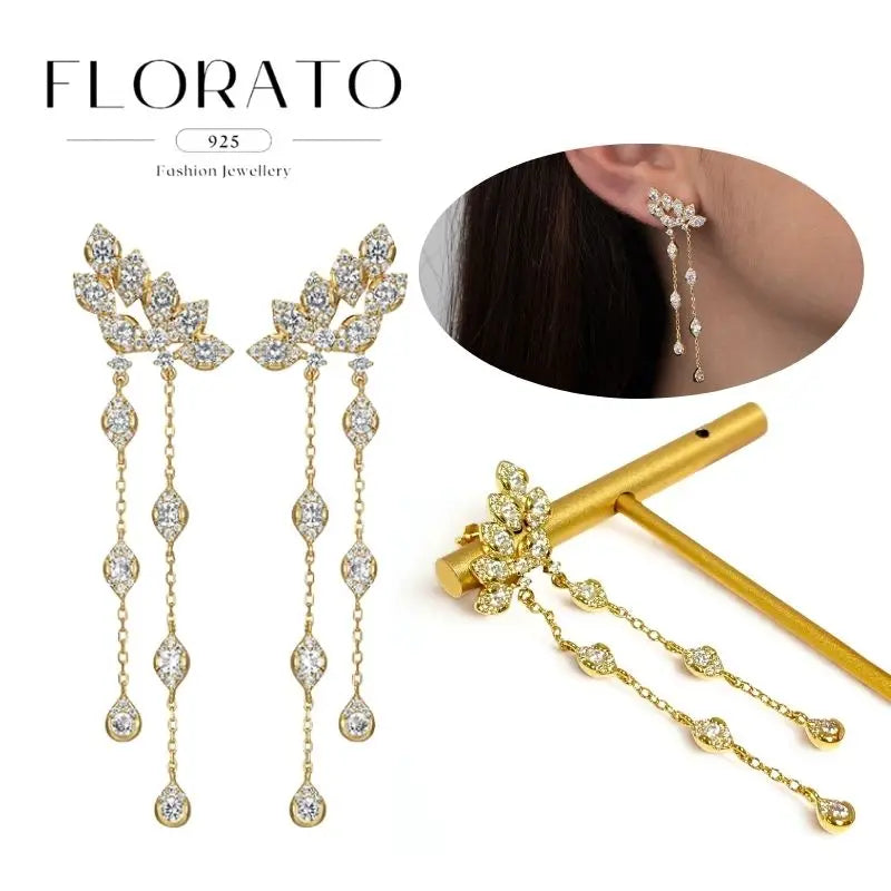 WOMEN 925 Silver Needle Water Drop Geometric Zircon White Zircon Crystal Flowers Pendant Hoop Earrings Fashion Wedding Jewelry