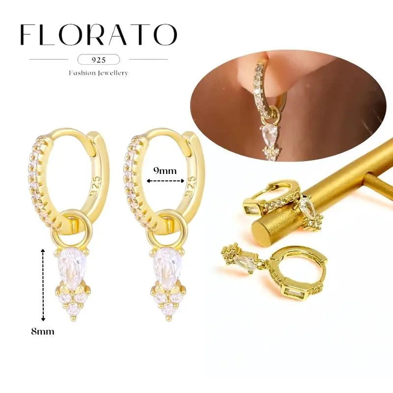 WOMEN 925 Silver Needle Water Drop Geometric Zircon White Zircon Crystal Flowers Pendant Hoop Earrings Fashion Wedding Jewelry