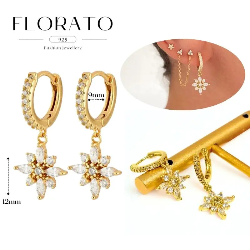 WOMEN 925 Silver Needle Water Drop Geometric Zircon White Zircon Crystal Flowers Pendant Hoop Earrings Fashion Wedding Jewelry