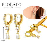 WOMEN 925 Silver Needle Water Drop Geometric Zircon White Zircon Crystal Flowers Pendant Hoop Earrings Fashion Wedding Jewelry