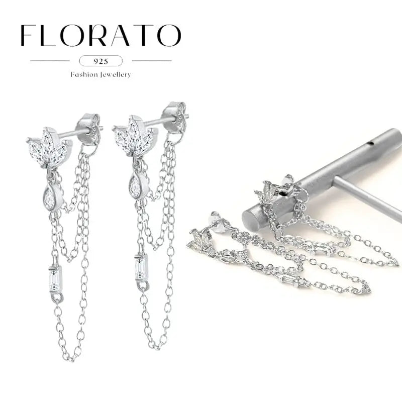 WOMEN 925 Silver Needle Water Drop Geometric Zircon White Zircon Crystal Flowers Pendant Hoop Earrings Fashion Wedding Jewelry