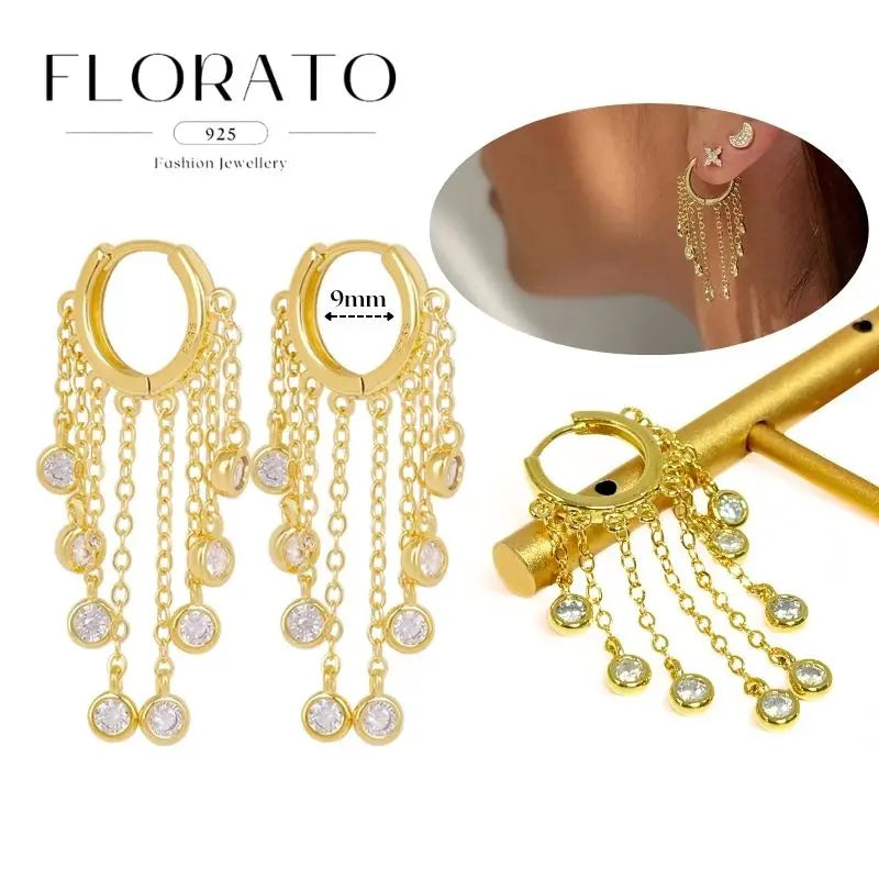 WOMEN 925 Silver Needle Water Drop Geometric Zircon White Zircon Crystal Flowers Pendant Hoop Earrings Fashion Wedding Jewelry