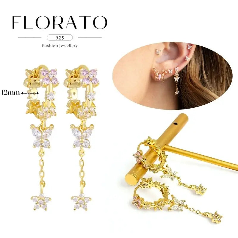 WOMEN 925 Silver Needle Water Drop Geometric Zircon White Zircon Crystal Flowers Pendant Hoop Earrings Fashion Wedding Jewelry