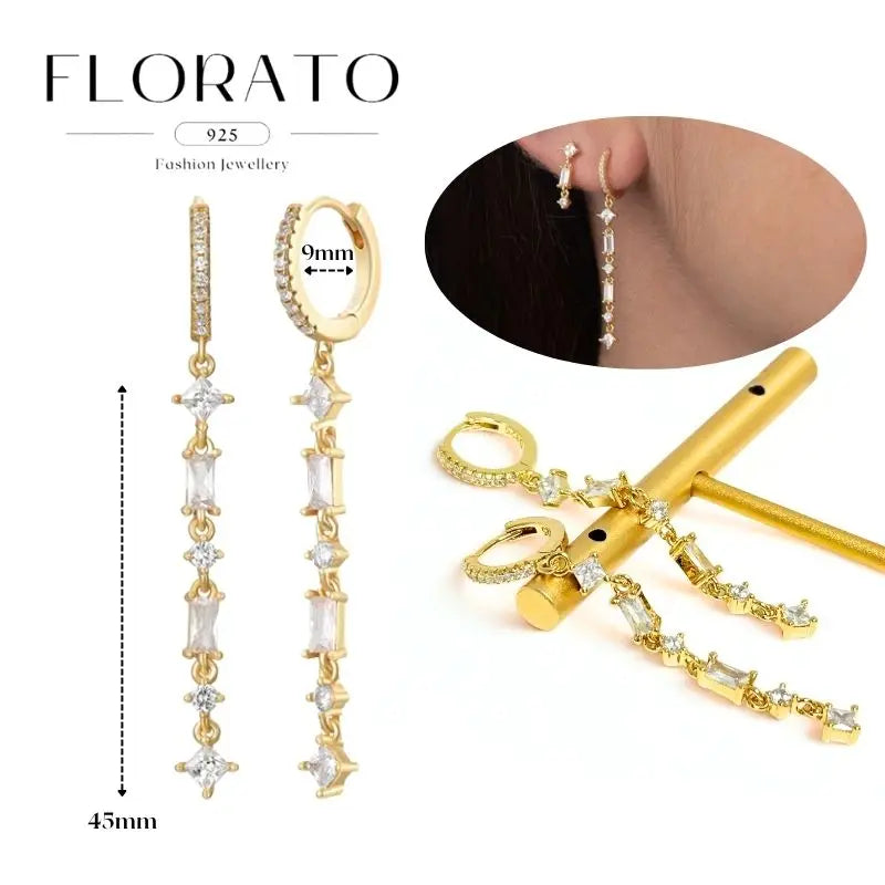 WOMEN 925 Silver Needle Water Drop Geometric Zircon White Zircon Crystal Flowers Pendant Hoop Earrings Fashion Wedding Jewelry