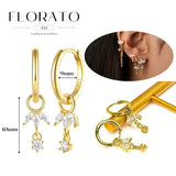 WOMEN 925 Silver Needle Water Drop Geometric Zircon White Zircon Crystal Flowers Pendant Hoop Earrings Fashion Wedding Jewelry