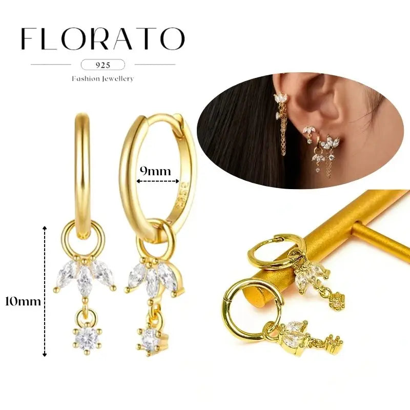 WOMEN 925 Silver Needle Water Drop Geometric Zircon White Zircon Crystal Flowers Pendant Hoop Earrings Fashion Wedding Jewelry