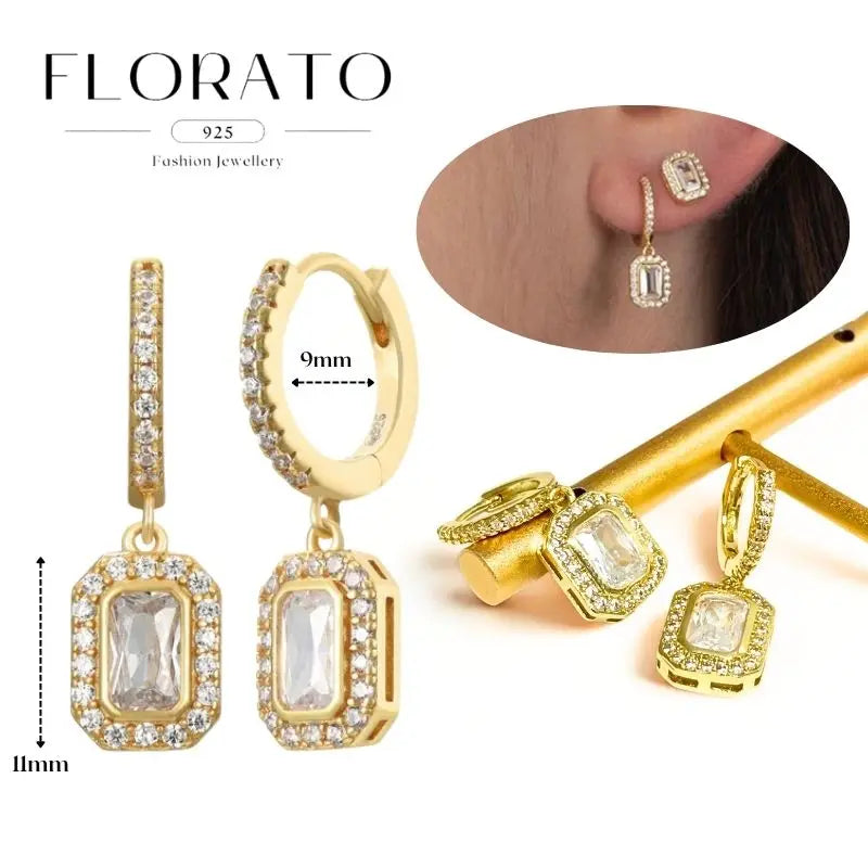 WOMEN 925 Silver Needle Water Drop Geometric Zircon White Zircon Crystal Flowers Pendant Hoop Earrings Fashion Wedding Jewelry