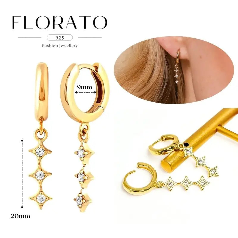 WOMEN 925 Silver Needle Water Drop Geometric Zircon White Zircon Crystal Flowers Pendant Hoop Earrings Fashion Wedding Jewelry