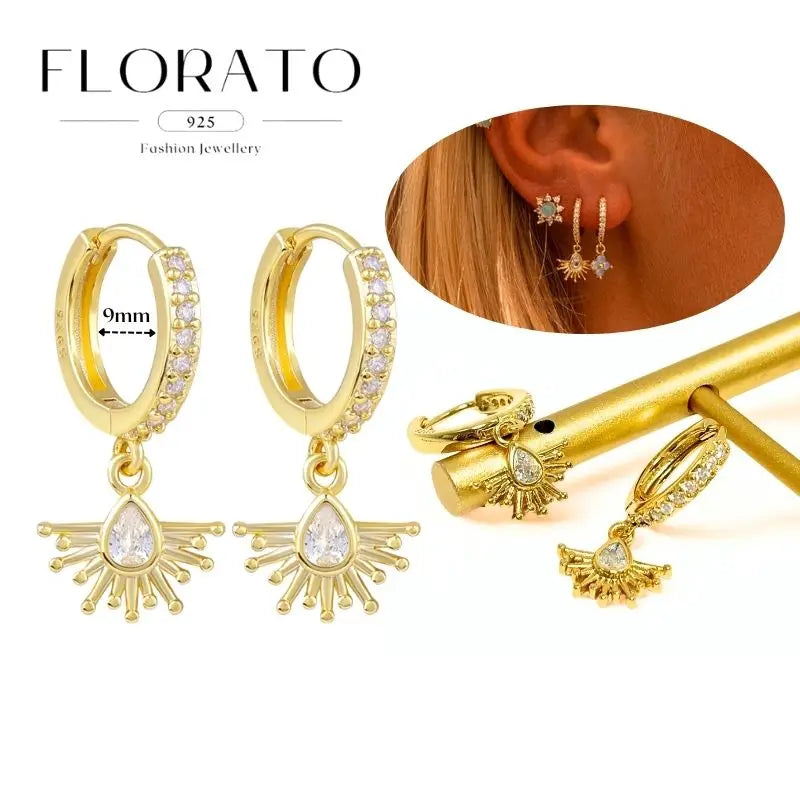 WOMEN 925 Silver Needle Water Drop Geometric Zircon White Zircon Crystal Flowers Pendant Hoop Earrings Fashion Wedding Jewelry