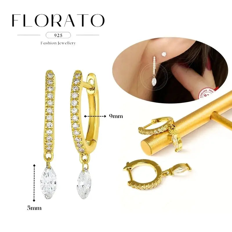 WOMEN 925 Silver Needle Water Drop Geometric Zircon White Zircon Crystal Flowers Pendant Hoop Earrings Fashion Wedding Jewelry