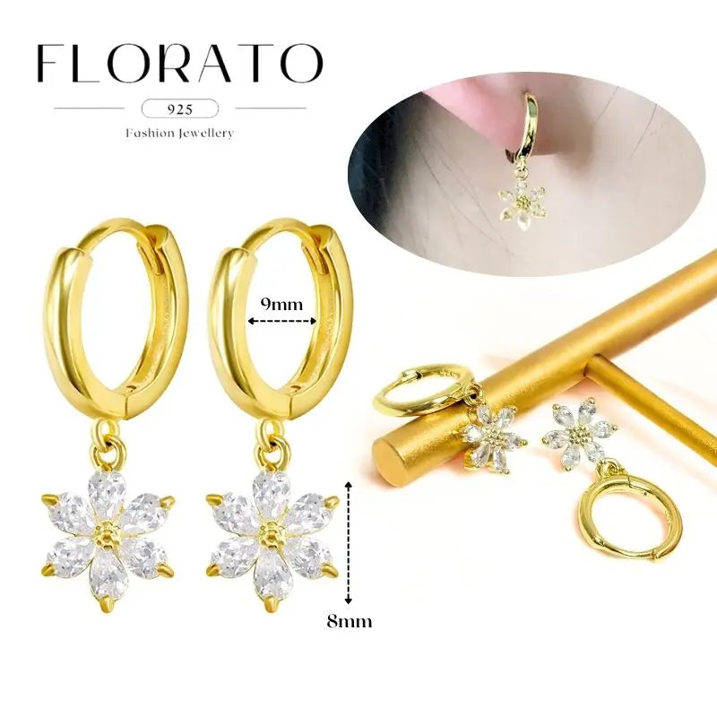 WOMEN 925 Silver Needle Water Drop Geometric Zircon White Zircon Crystal Flowers Pendant Hoop Earrings Fashion Wedding Jewelry