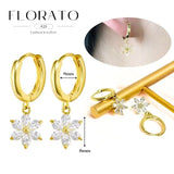 WOMEN 925 Silver Needle Water Drop Geometric Zircon White Zircon Crystal Flowers Pendant Hoop Earrings Fashion Wedding Jewelry