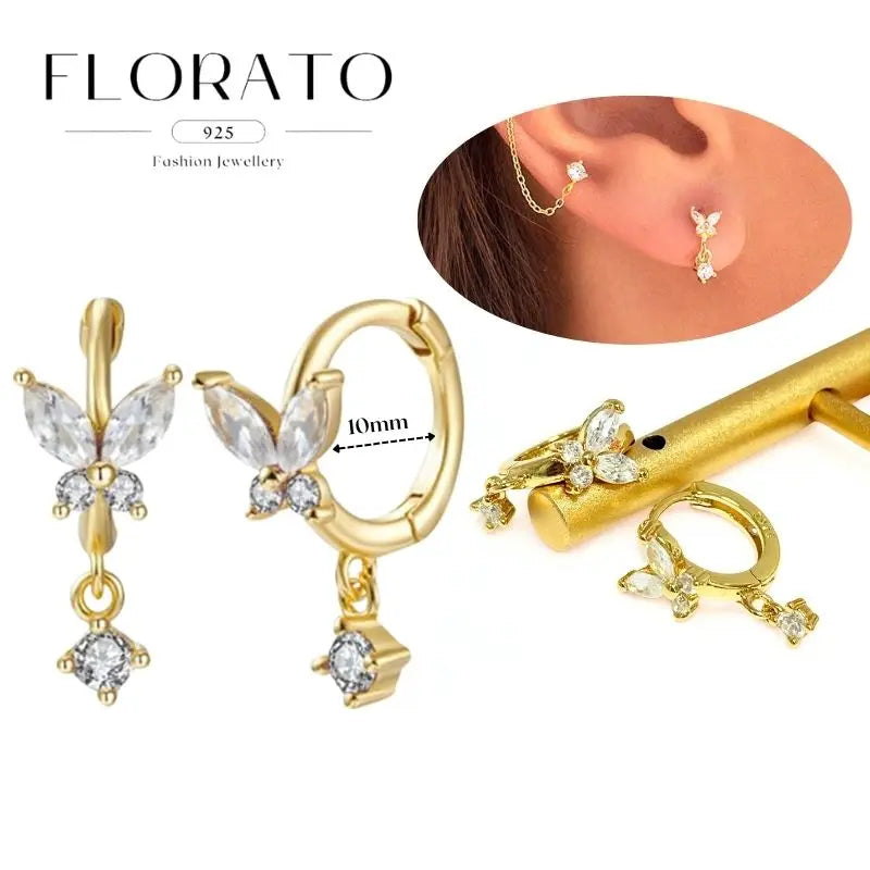 WOMEN 925 Silver Needle Water Drop Geometric Zircon White Zircon Crystal Flowers Pendant Hoop Earrings Fashion Wedding Jewelry