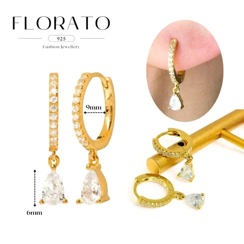 WOMEN 925 Silver Needle Water Drop Geometric Zircon White Zircon Crystal Flowers Pendant Hoop Earrings Fashion Wedding Jewelry