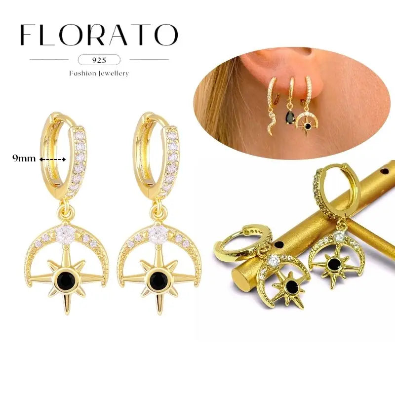 WOMEN 925 Silver Needle Water Drop Geometric Zircon White Zircon Crystal Flowers Pendant Hoop Earrings Fashion Wedding Jewelry
