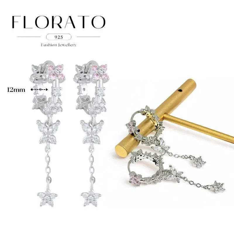 WOMEN 925 Silver Needle Water Drop Geometric Zircon White Zircon Crystal Flowers Pendant Hoop Earrings Fashion Wedding Jewelry