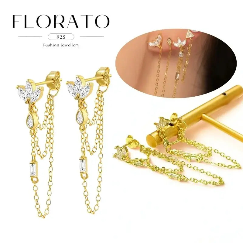 WOMEN 925 Silver Needle Water Drop Geometric Zircon White Zircon Crystal Flowers Pendant Hoop Earrings Fashion Wedding Jewelry