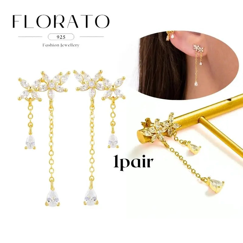 WOMEN 925 Silver Needle Water Drop Geometric Zircon White Zircon Crystal Flowers Pendant Hoop Earrings Fashion Wedding Jewelry