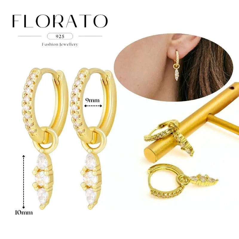 WOMEN 925 Silver Needle Water Drop Geometric Zircon White Zircon Crystal Flowers Pendant Hoop Earrings Fashion Wedding Jewelry