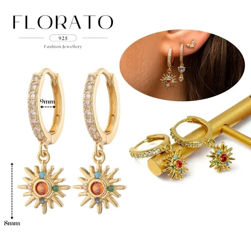 WOMEN 925 Silver Needle Water Drop Geometric Zircon White Zircon Crystal Flowers Pendant Hoop Earrings Fashion Wedding Jewelry