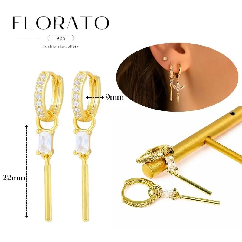 WOMEN 925 Silver Needle Water Drop Geometric Zircon White Zircon Crystal Flowers Pendant Hoop Earrings Fashion Wedding Jewelry