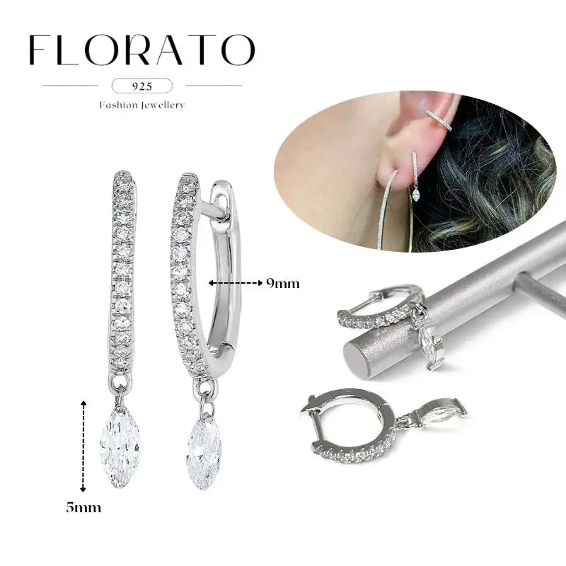 WOMEN 925 Silver Needle Water Drop Geometric Zircon White Zircon Crystal Flowers Pendant Hoop Earrings Fashion Wedding Jewelry