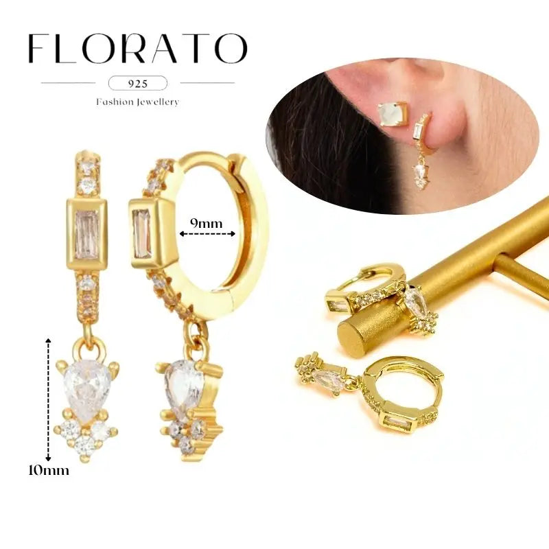 WOMEN 925 Silver Needle Water Drop Geometric Zircon White Zircon Crystal Flowers Pendant Hoop Earrings Fashion Wedding Jewelry