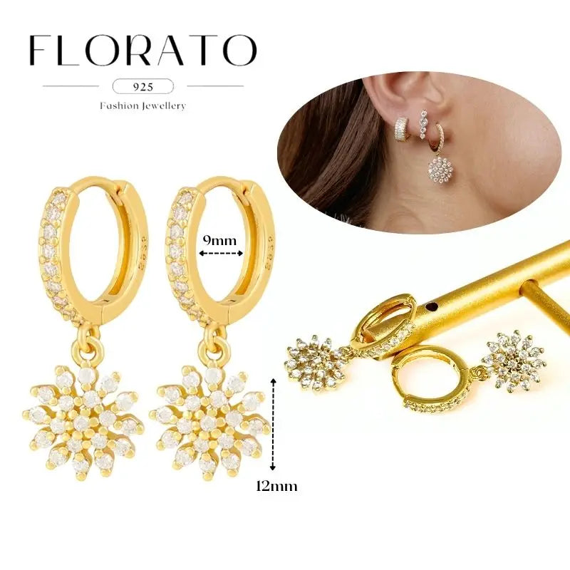 WOMEN 925 Silver Needle Water Drop Geometric Zircon White Zircon Crystal Flowers Pendant Hoop Earrings Fashion Wedding Jewelry
