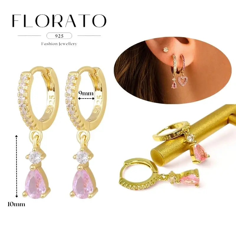 WOMEN 925 Silver Needle Water Drop Geometric Zircon White Zircon Crystal Flowers Pendant Hoop Earrings Fashion Wedding Jewelry