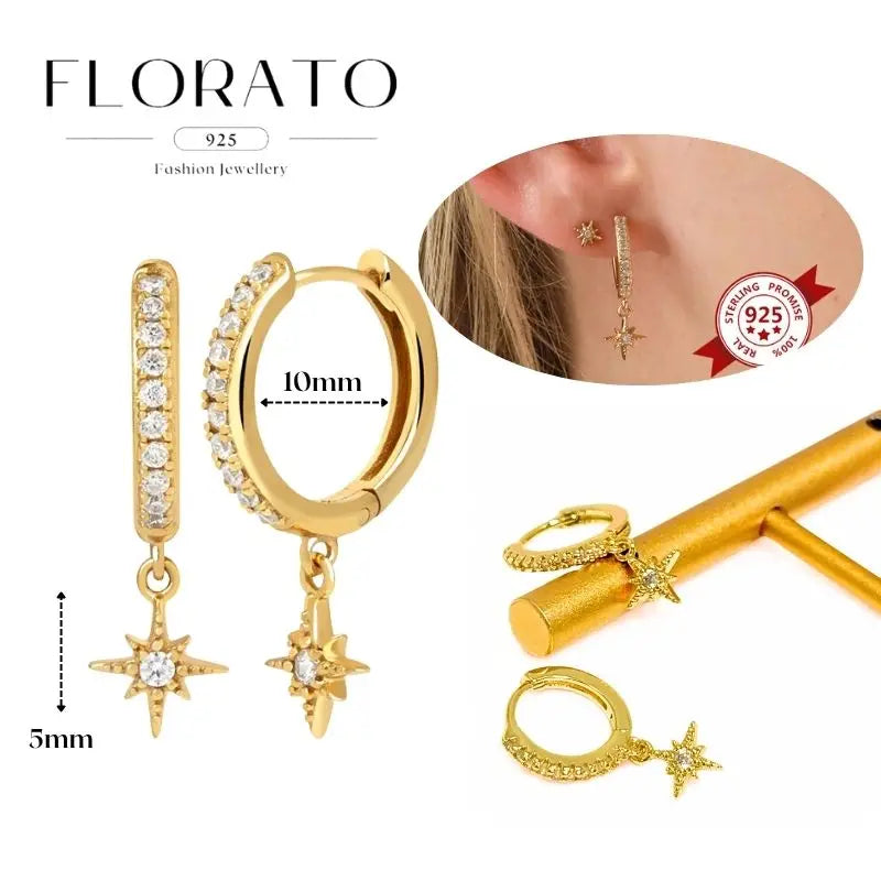 WOMEN 925 Silver Needle Water Drop Geometric Zircon White Zircon Crystal Flowers Pendant Hoop Earrings Fashion Wedding Jewelry