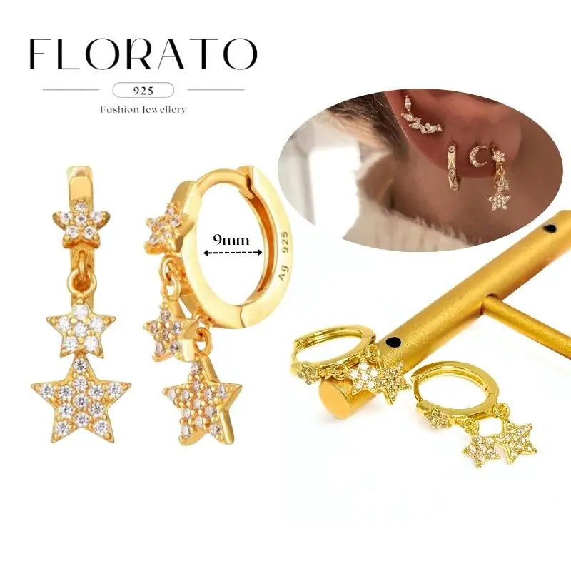 WOMEN 925 Silver Needle Water Drop Geometric Zircon White Zircon Crystal Flowers Pendant Hoop Earrings Fashion Wedding Jewelry