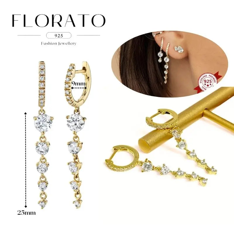 WOMEN 925 Silver Needle Water Drop Geometric Zircon White Zircon Crystal Flowers Pendant Hoop Earrings Fashion Wedding Jewelry