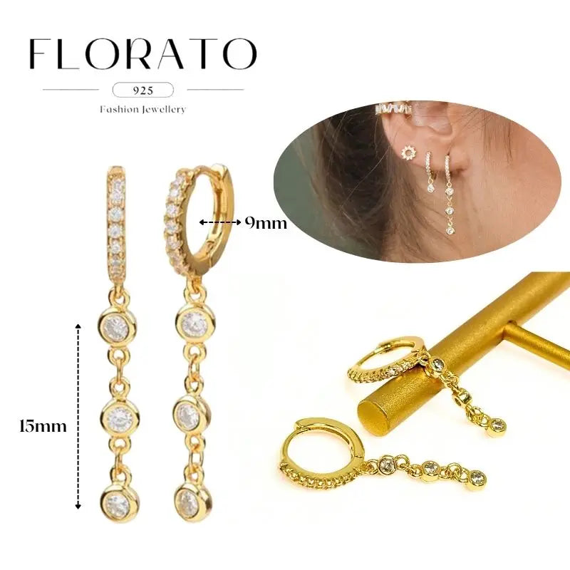WOMEN 925 Silver Needle Water Drop Geometric Zircon White Zircon Crystal Flowers Pendant Hoop Earrings Fashion Wedding Jewelry