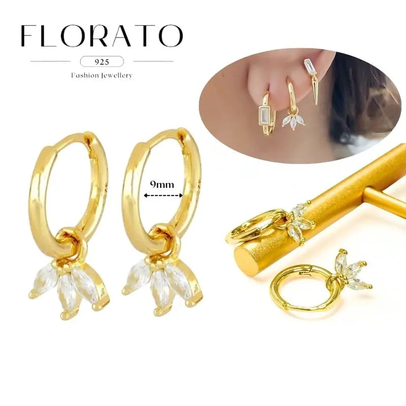 WOMEN 925 Silver Needle Water Drop Geometric Zircon White Zircon Crystal Flowers Pendant Hoop Earrings Fashion Wedding Jewelry