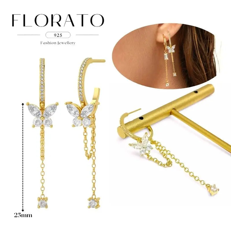 WOMEN 925 Silver Needle Water Drop Geometric Zircon White Zircon Crystal Flowers Pendant Hoop Earrings Fashion Wedding Jewelry
