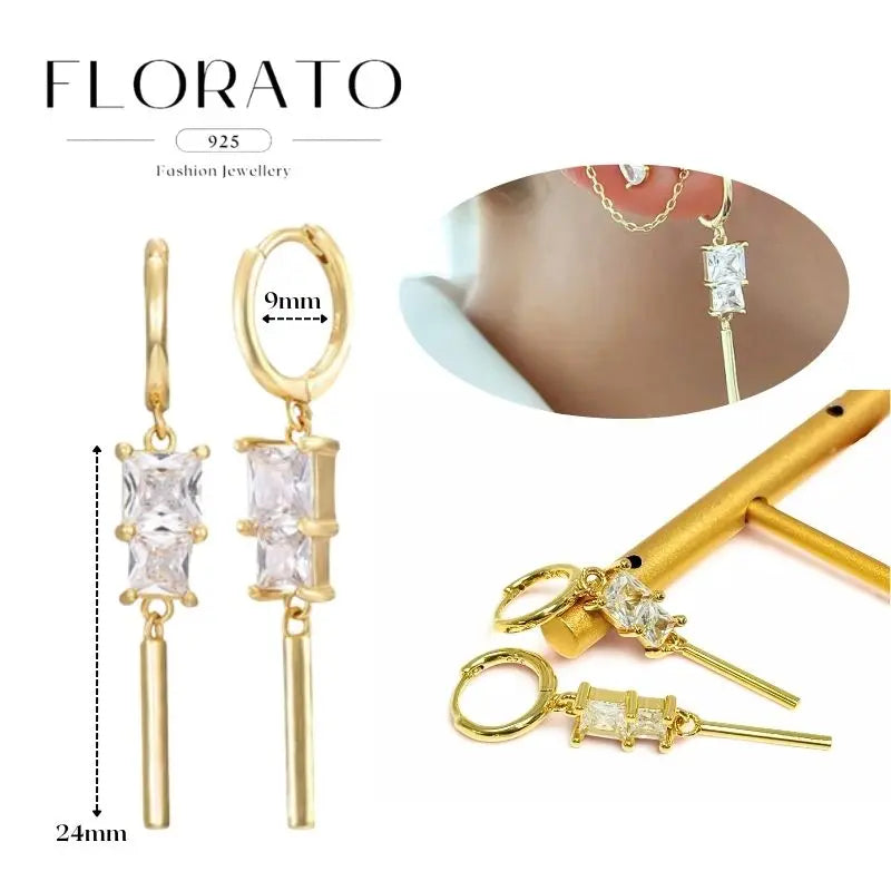 WOMEN 925 Silver Needle Water Drop Geometric Zircon White Zircon Crystal Flowers Pendant Hoop Earrings Fashion Wedding Jewelry