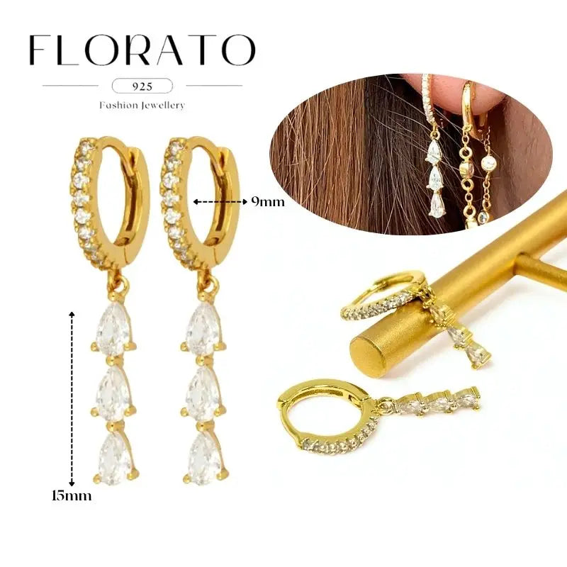 WOMEN 925 Silver Needle Water Drop Geometric Zircon White Zircon Crystal Flowers Pendant Hoop Earrings Fashion Wedding Jewelry