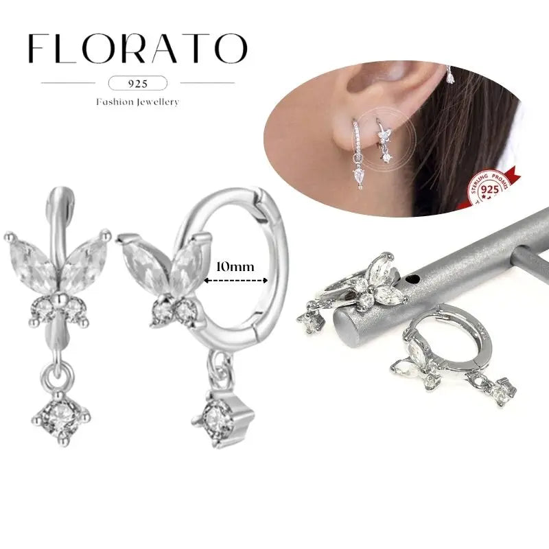 WOMEN 925 Silver Needle Water Drop Geometric Zircon White Zircon Crystal Flowers Pendant Hoop Earrings Fashion Wedding Jewelry