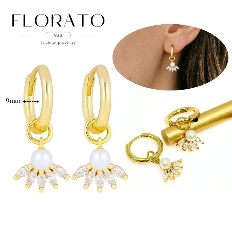 WOMEN 925 Silver Needle Water Drop Geometric Zircon White Zircon Crystal Flowers Pendant Hoop Earrings Fashion Wedding Jewelry