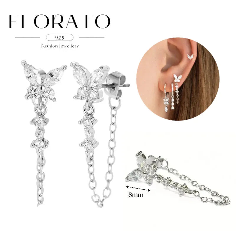 WOMEN 925 Silver Needle Water Drop Geometric Zircon White Zircon Crystal Flowers Pendant Hoop Earrings Fashion Wedding Jewelry