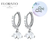 WOMEN 925 Silver Needle Water Drop Geometric Zircon White Zircon Crystal Flowers Pendant Hoop Earrings Fashion Wedding Jewelry