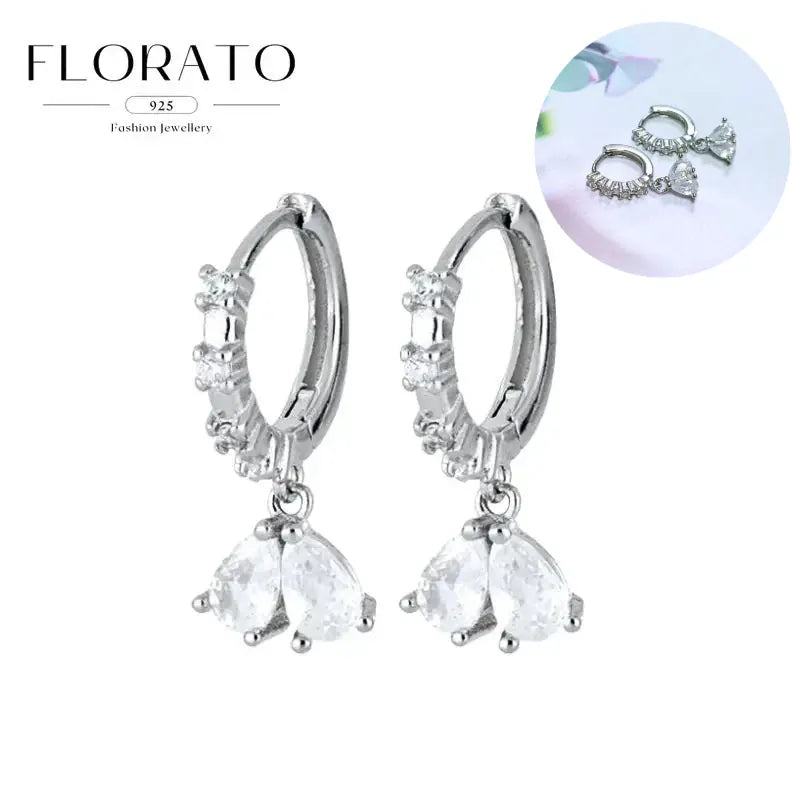 WOMEN 925 Silver Needle Water Drop Geometric Zircon White Zircon Crystal Flowers Pendant Hoop Earrings Fashion Wedding Jewelry