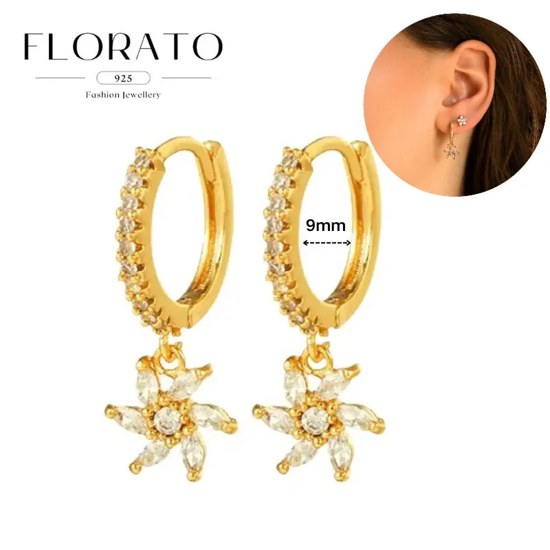 WOMEN 925 Silver Needle Water Drop Geometric Zircon White Zircon Crystal Flowers Pendant Hoop Earrings Fashion Wedding Jewelry