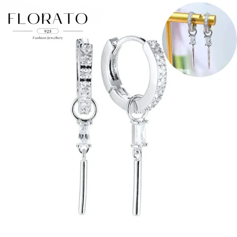 WOMEN 925 Silver Needle Water Drop Geometric Zircon White Zircon Crystal Flowers Pendant Hoop Earrings Fashion Wedding Jewelry